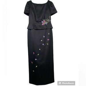 Beautiful black satin full length with embroidered flowers dress size 8